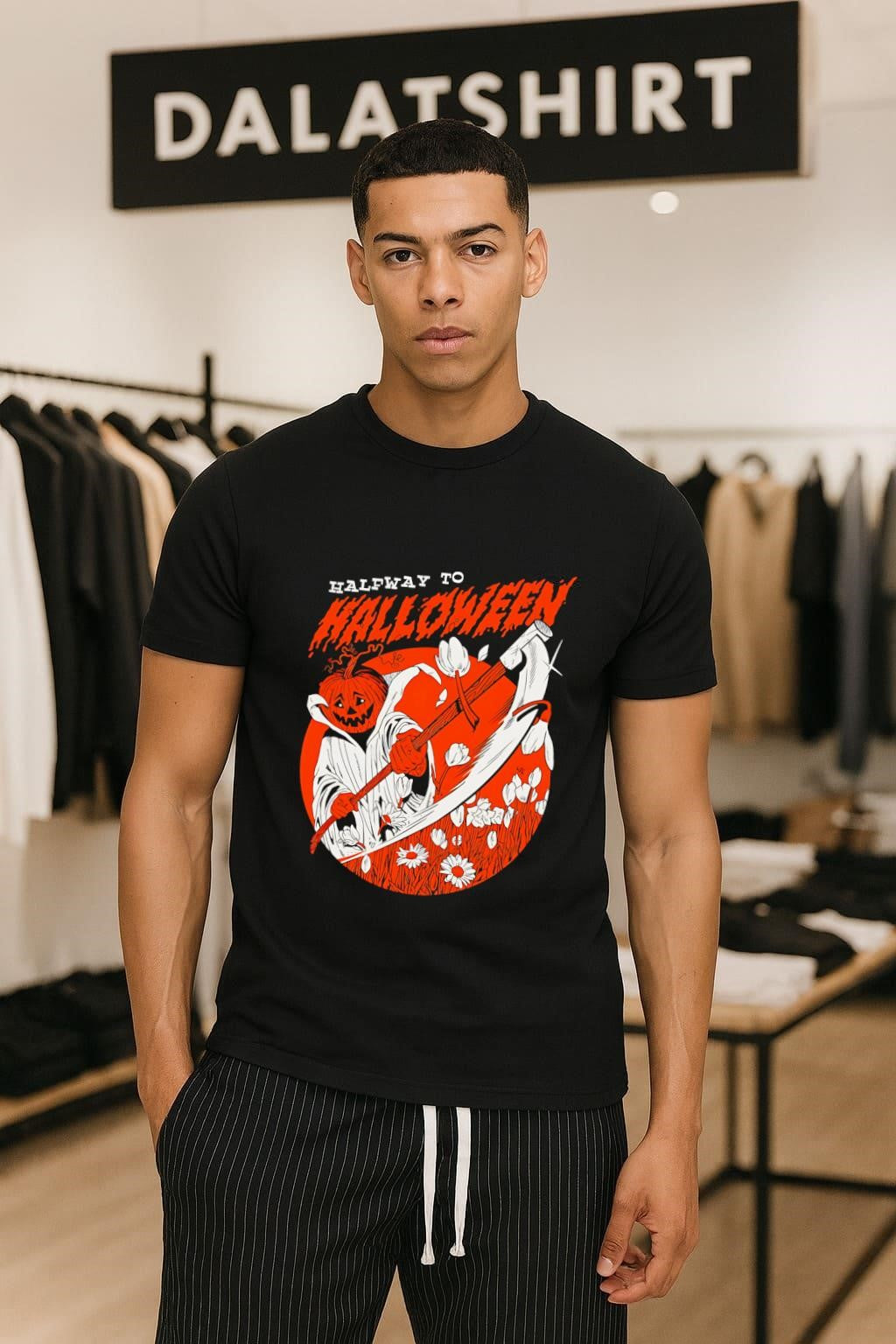 Halfway To Halloween Pumpkin Head Reaper Scythe Flowers shirt