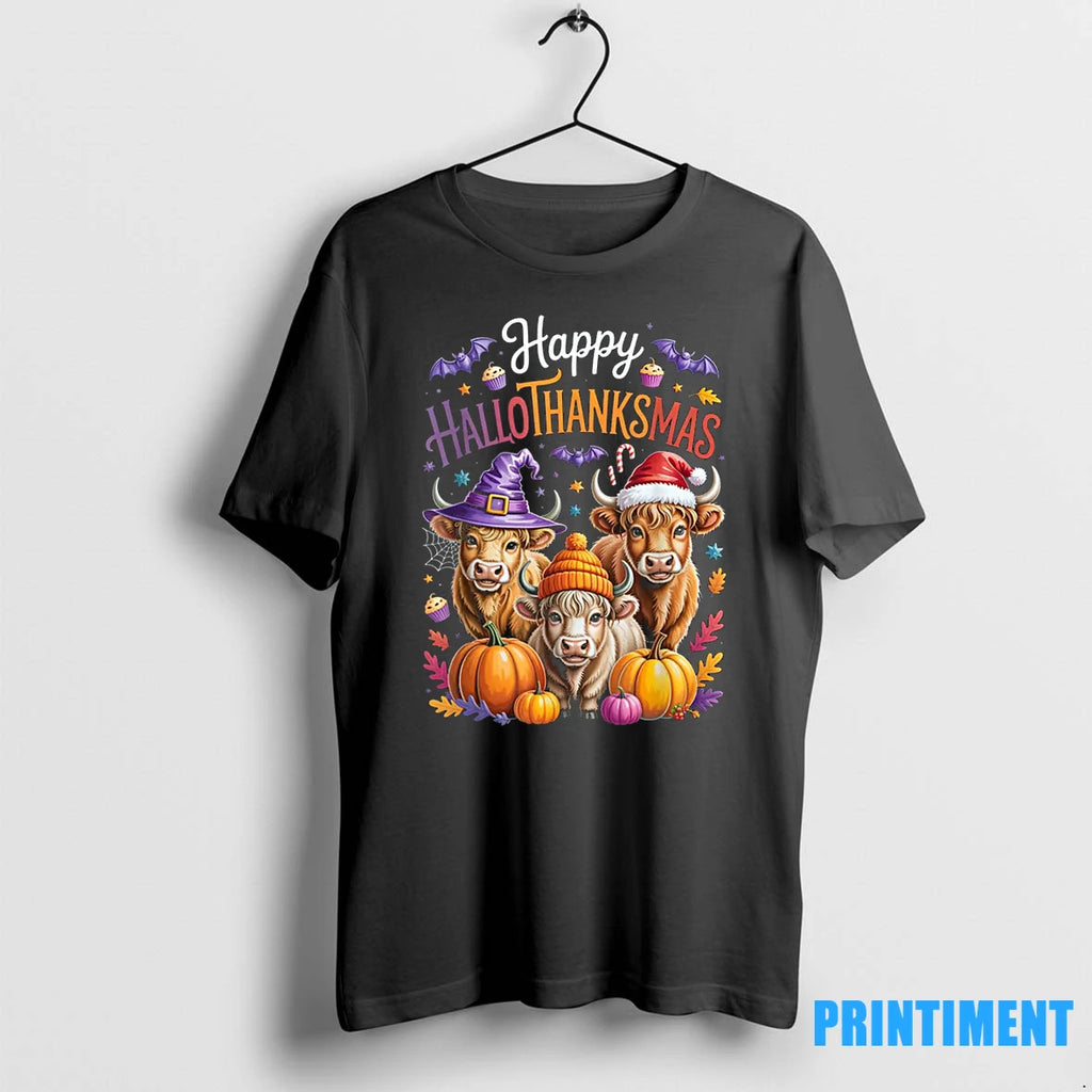 Hallothanksmas Halloween Thanksgiving Christmas Highland Cow Tshirts Sweater