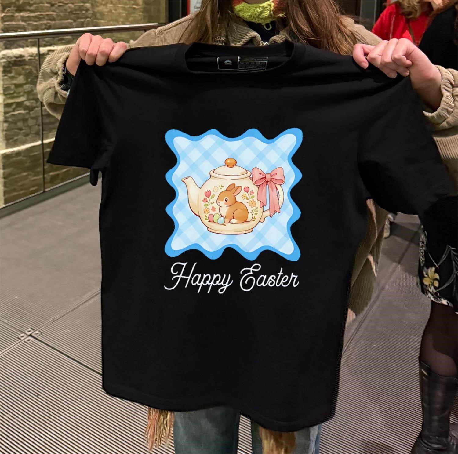 Happy Easter Floral Bunny Rabbit Teapot Blue Gingham Pattern shirt