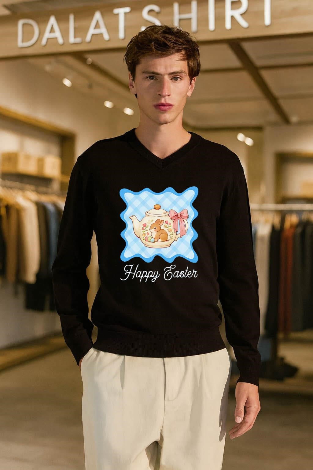 Happy Easter Floral Bunny Rabbit Teapot Blue Gingham Pattern shirt