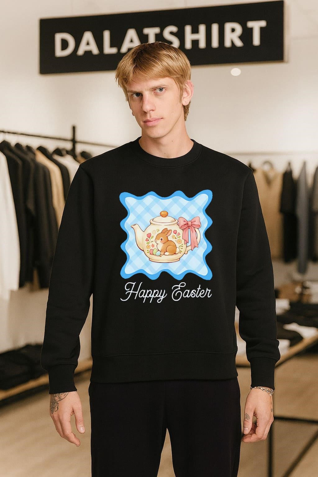 Happy Easter Floral Bunny Rabbit Teapot Blue Gingham Pattern shirt