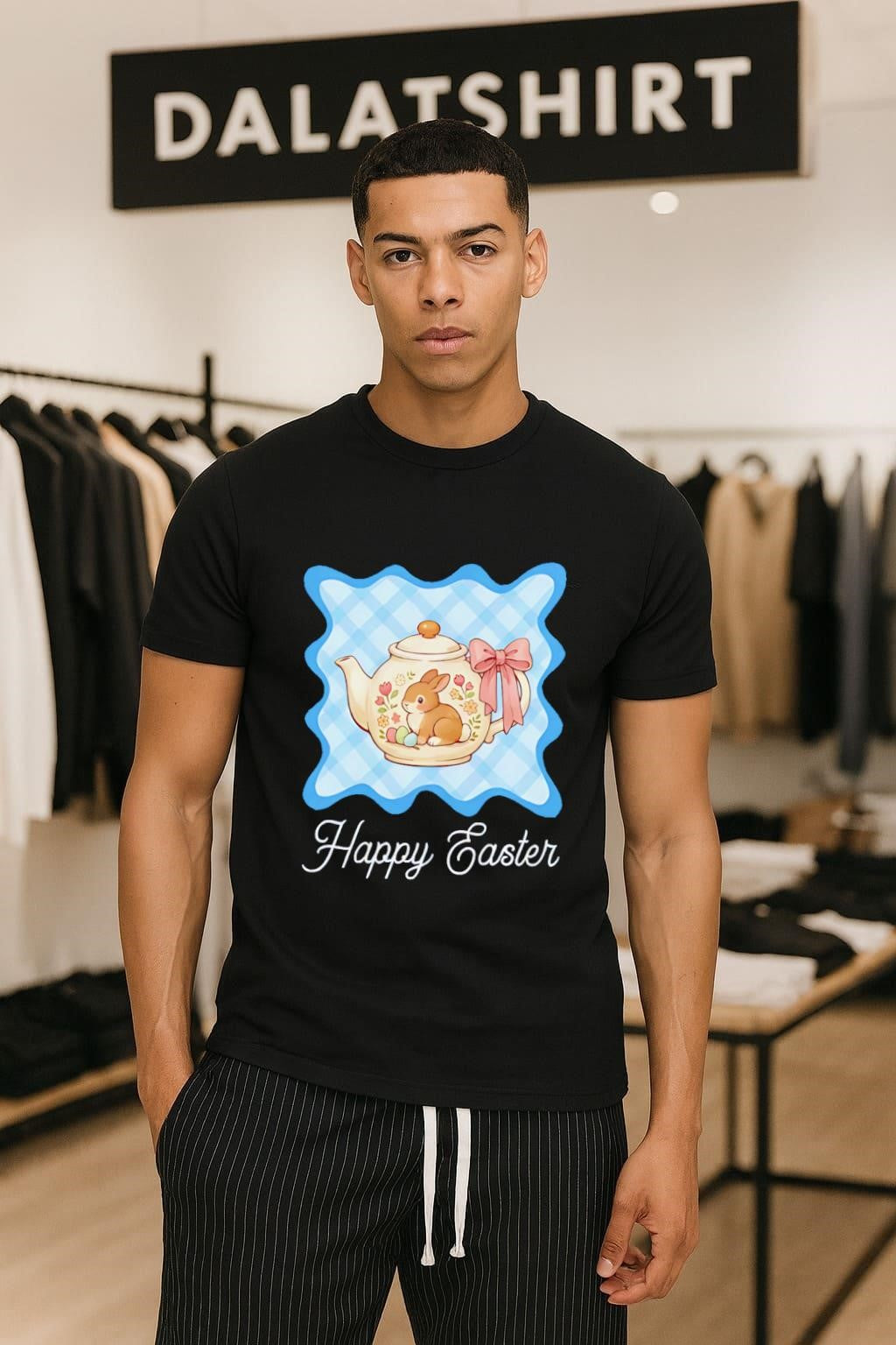 Happy Easter Floral Bunny Rabbit Teapot Blue Gingham Pattern shirt