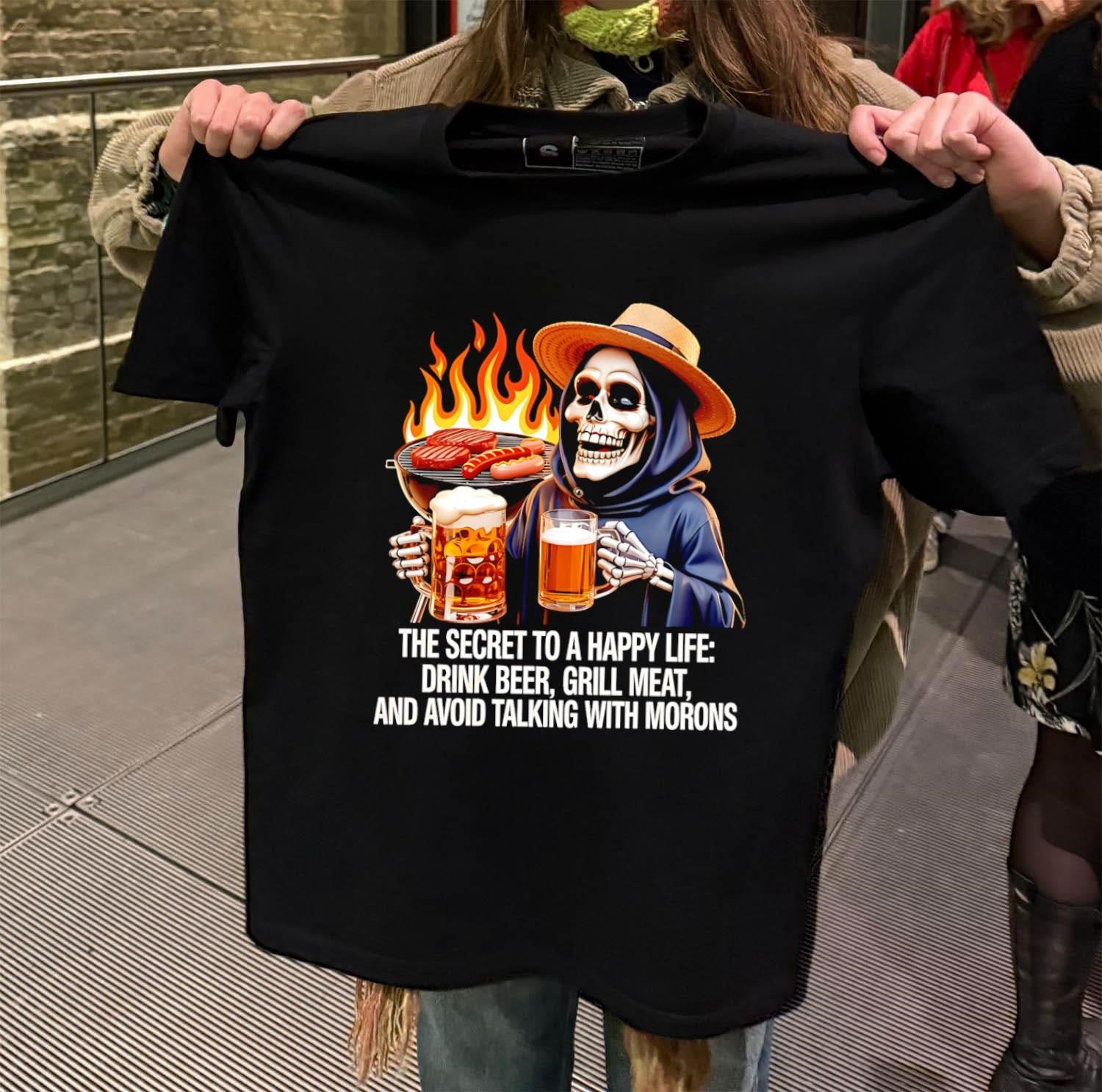 Happy Life Drink Beer Grill Meat Avoid Talking shirt