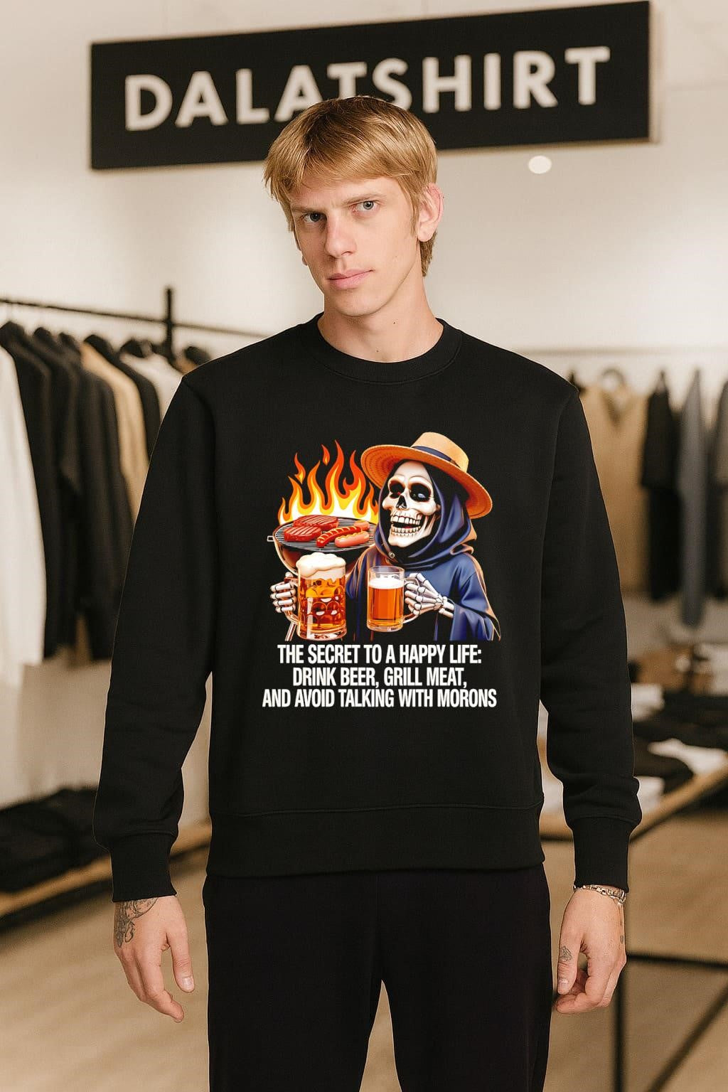 Happy Life Drink Beer Grill Meat Avoid Talking shirt