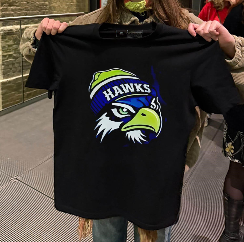 Hawks Eagle Mascot Wearing Beanie Hat Seattle Sports shirt