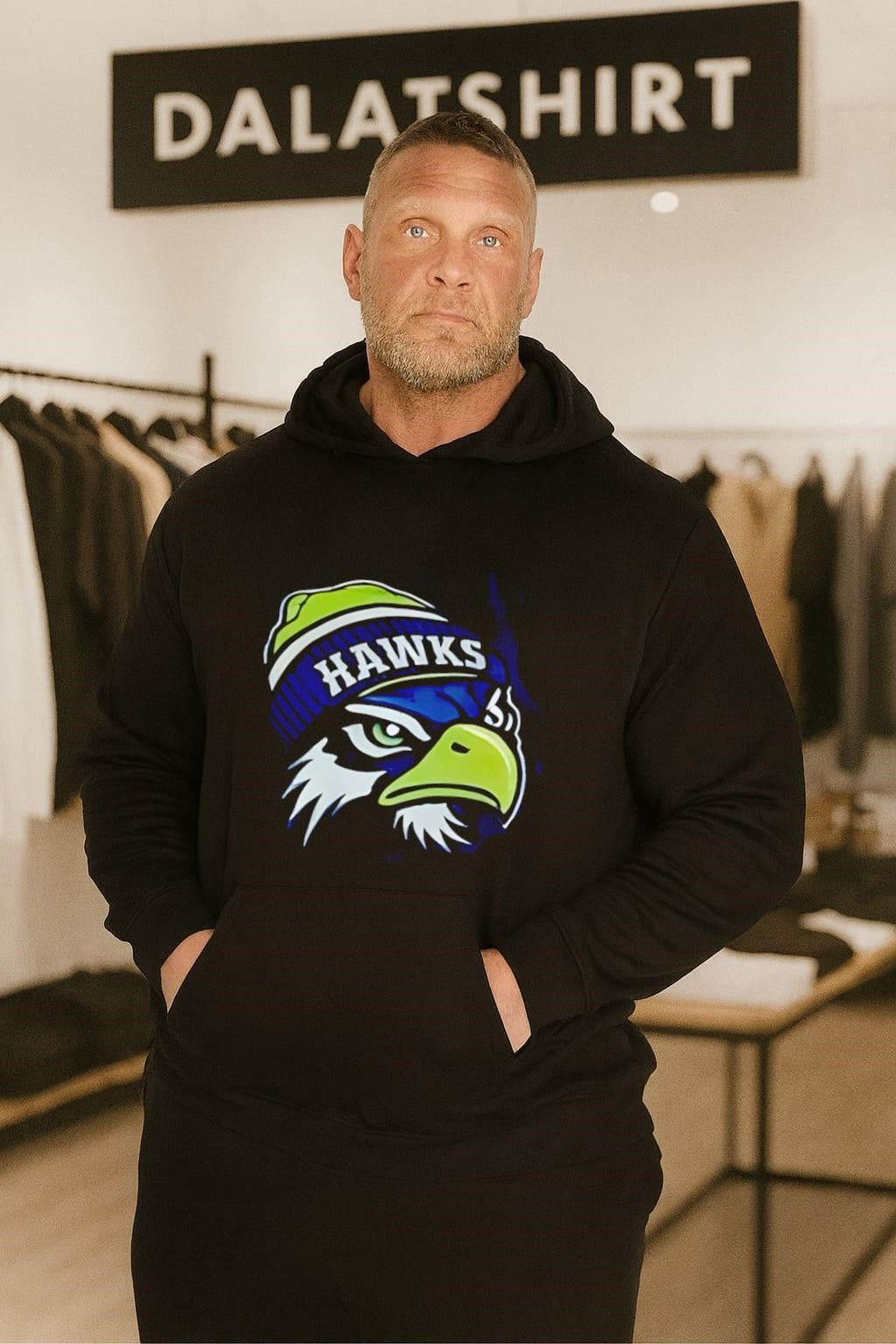 Hawks Eagle Mascot Wearing Beanie Hat Seattle Sports shirt