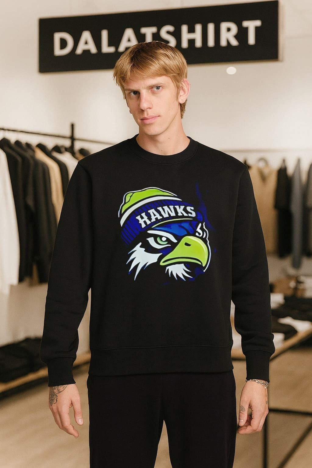 Hawks Eagle Mascot Wearing Beanie Hat Seattle Sports shirt