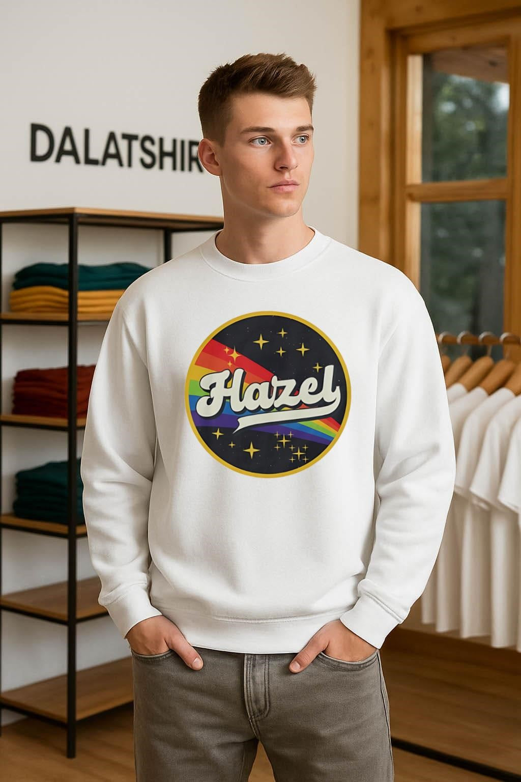 Hazel Retro Colorful Rainbow Space Stars shirt