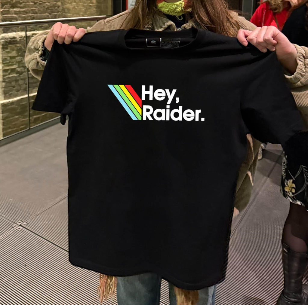 Hey Raider Text with Retro Rainbow Stripes Graphic shirt
