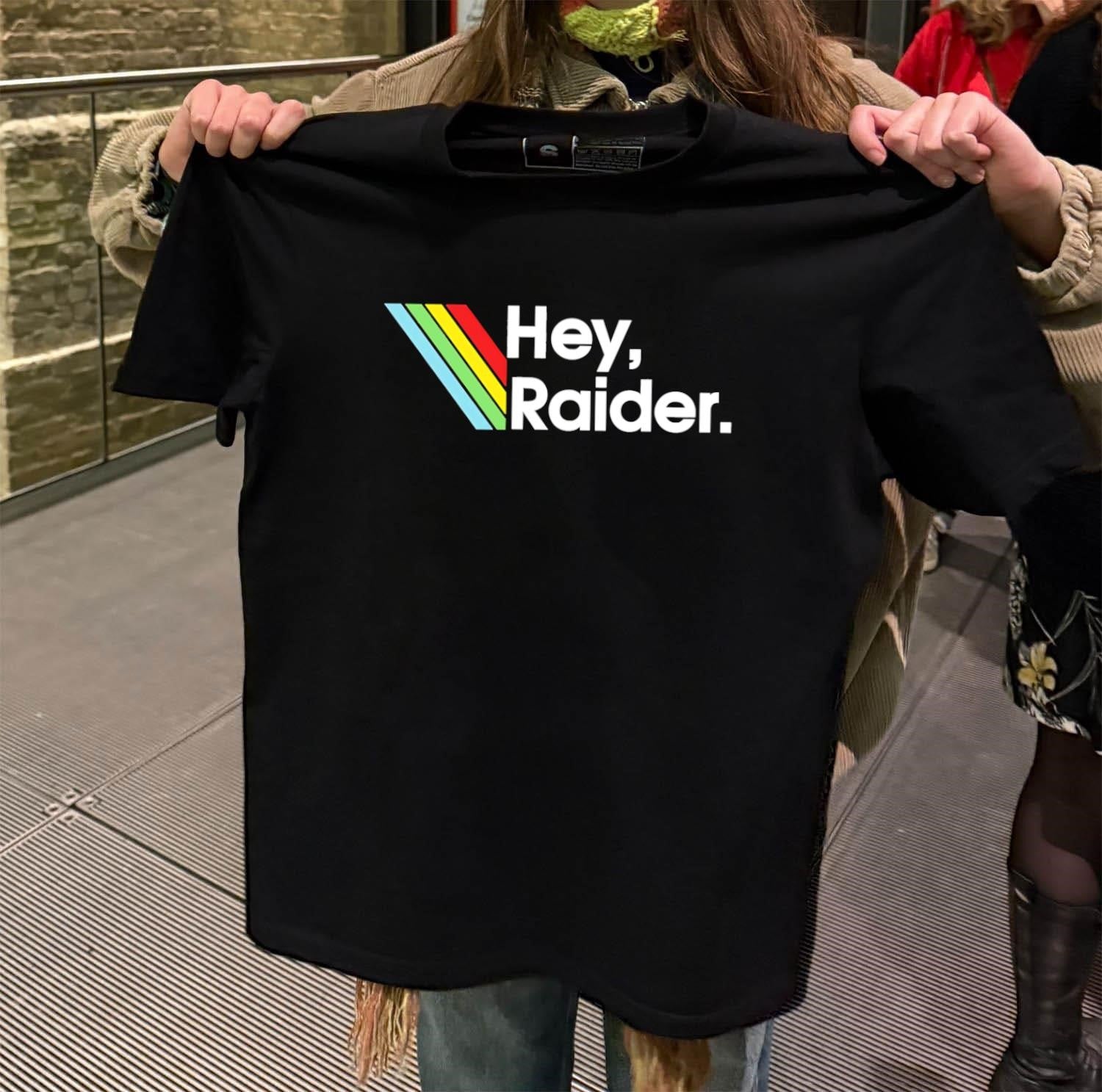 Hey Raider Text with Retro Rainbow Stripes Graphic shirt