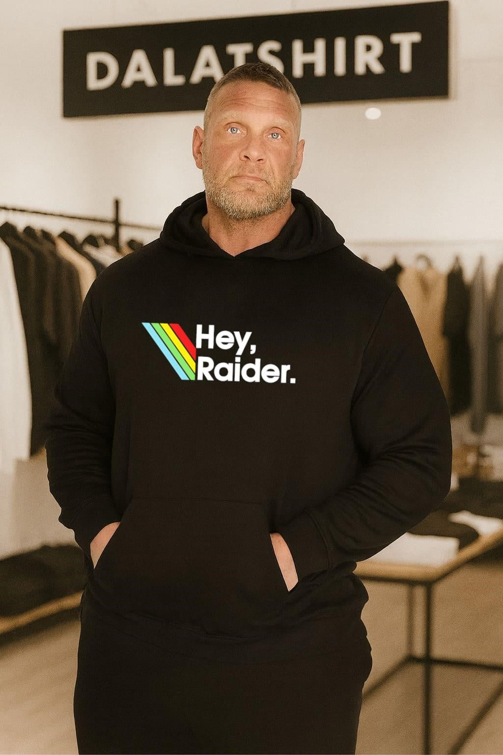 Hey Raider Text with Retro Rainbow Stripes Graphic shirt