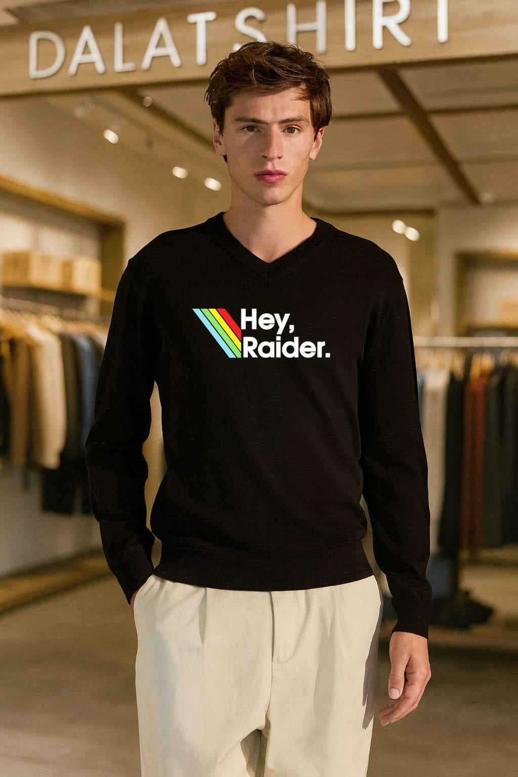 Hey Raider Text with Retro Rainbow Stripes Graphic shirt