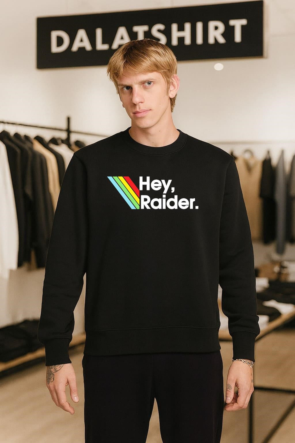 Hey Raider Text with Retro Rainbow Stripes Graphic shirt