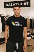 Hey Raider Text with Retro Rainbow Stripes Graphic shirt