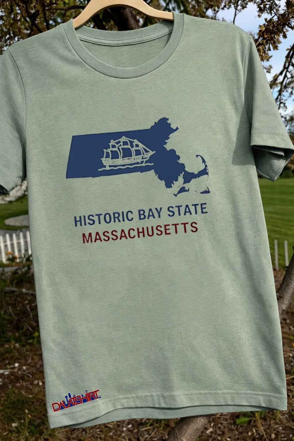 Historic Bay State Massachusetts sailing ship blue map shirt