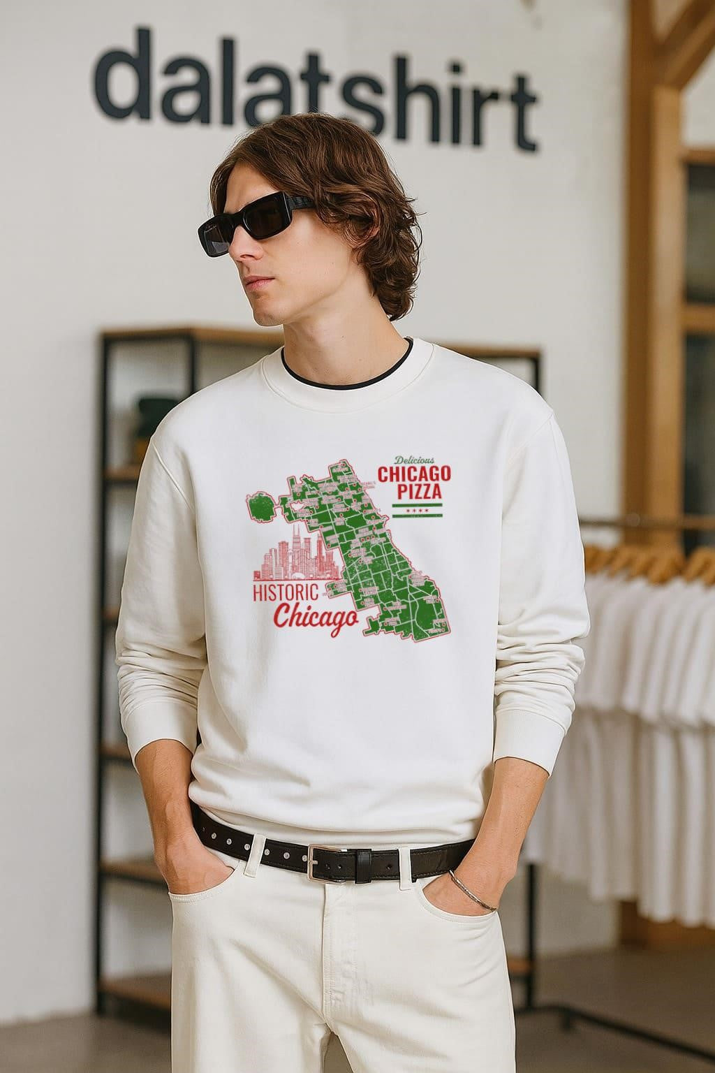 Historic Delicious Chicago Pizza Map and Skyline Graphic shirt