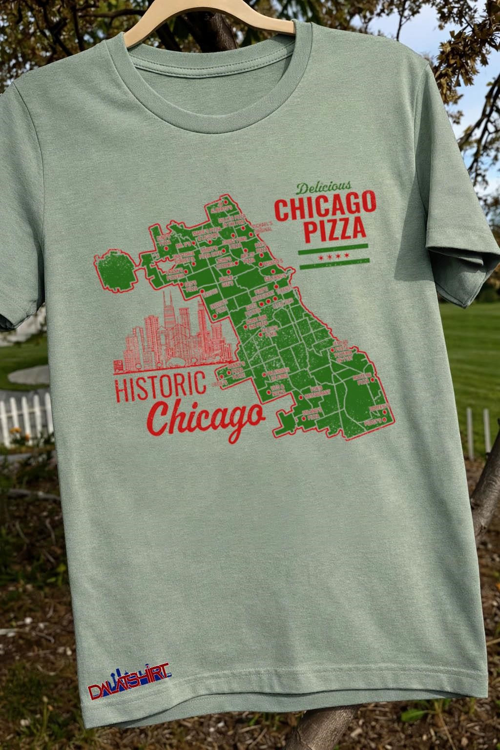 Historic Delicious Chicago Pizza Map and Skyline Graphic shirt
