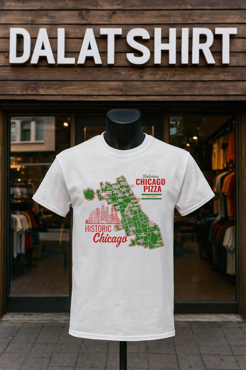 Historic Delicious Chicago Pizza Map and Skyline Graphic shirt