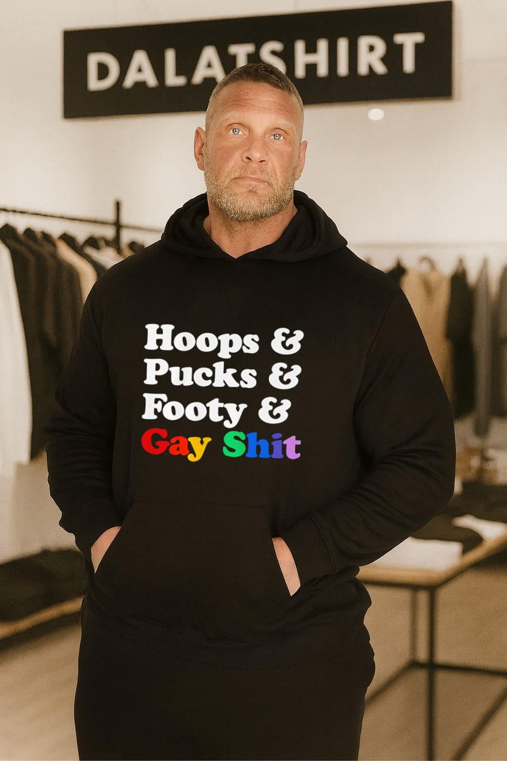 Hoops Pucks Footy and Gay Shit Rainbow Pride Sports shirt