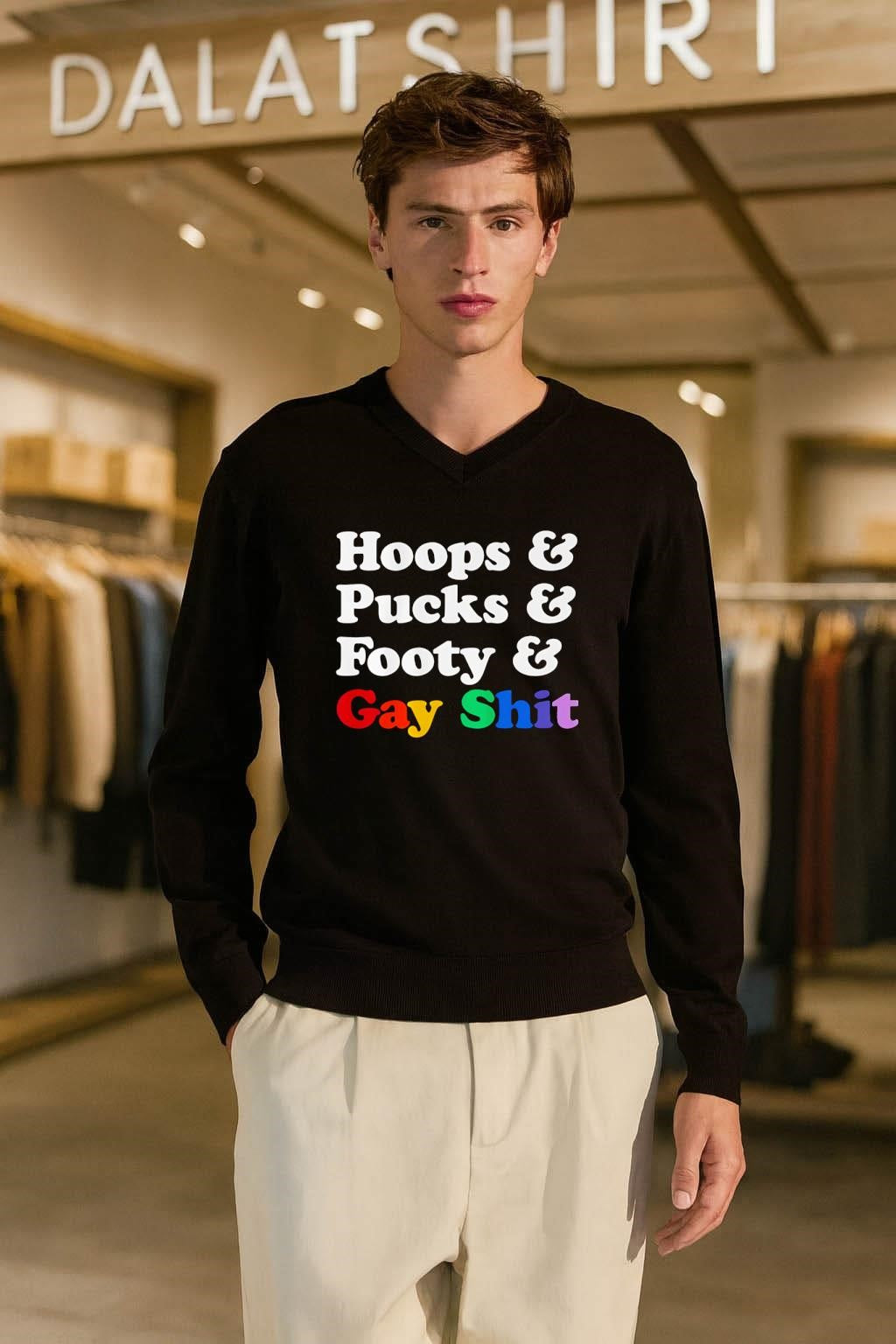 Hoops Pucks Footy and Gay Shit Rainbow Pride Sports shirt