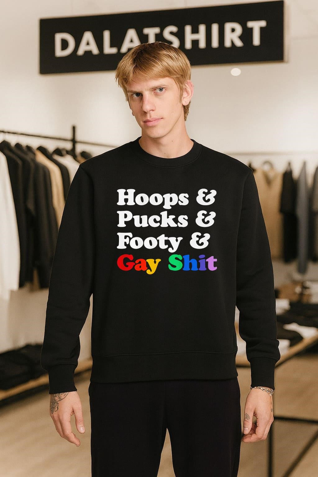 Hoops Pucks Footy and Gay Shit Rainbow Pride Sports shirt