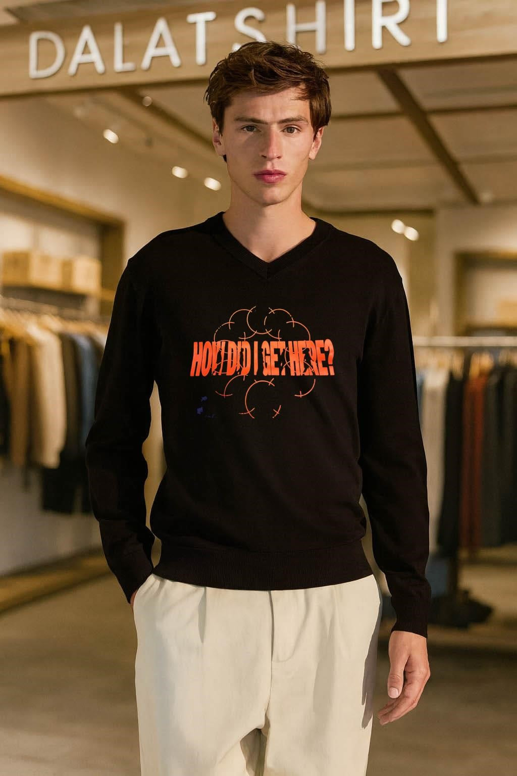 How Did I Get Here orange typography design shirt