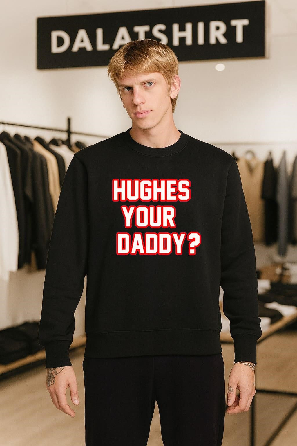 Hughes Your Daddy Red White Bold Typography Text shirt