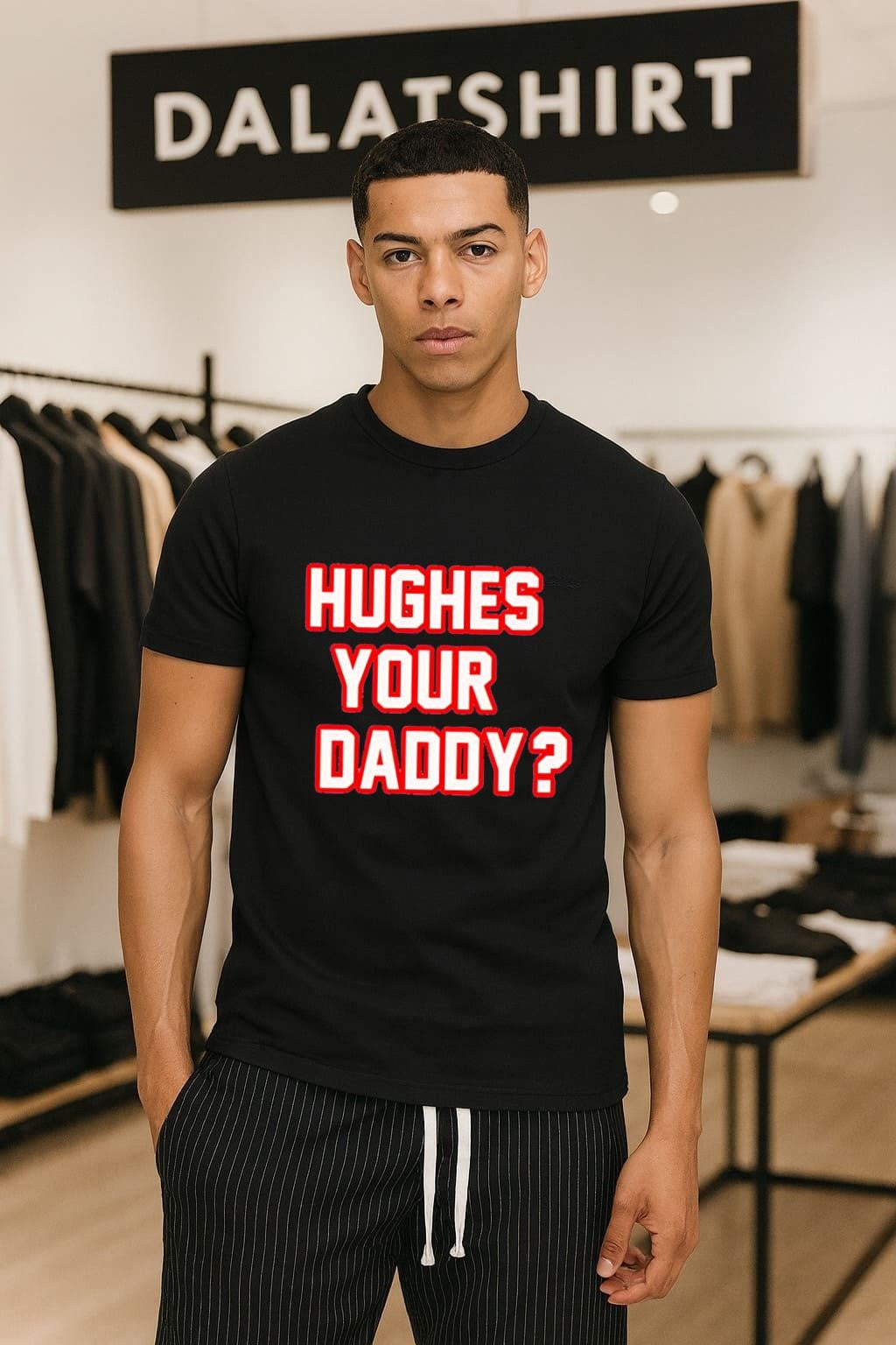 Hughes Your Daddy Red White Bold Typography Text shirt