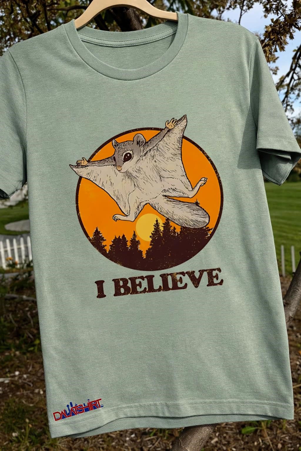 I Believe Flying Squirrel Gliding Over Forest Sunset Silhouette Vintage shirt