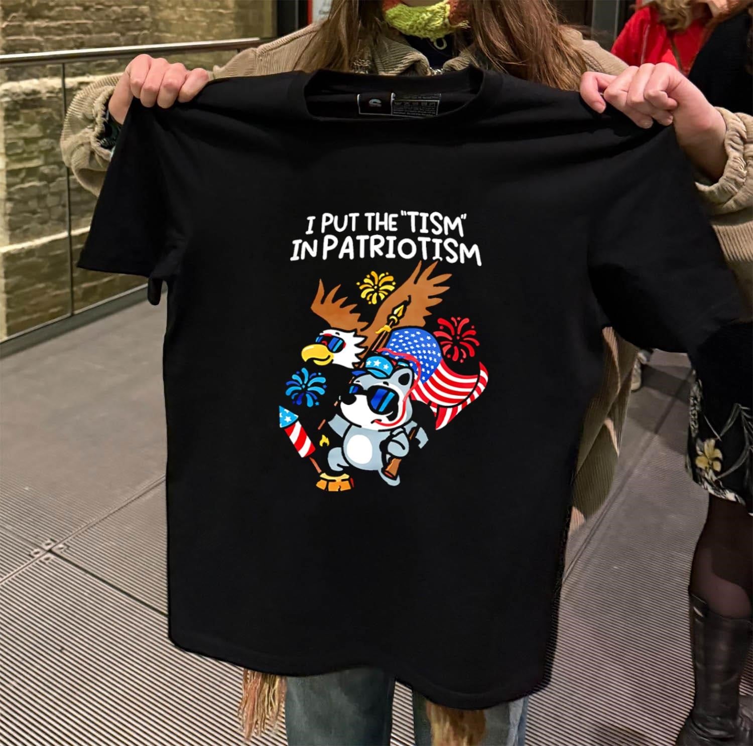 I Put The Tism In Patriotism Eagle Raccoon Fireworks shirt