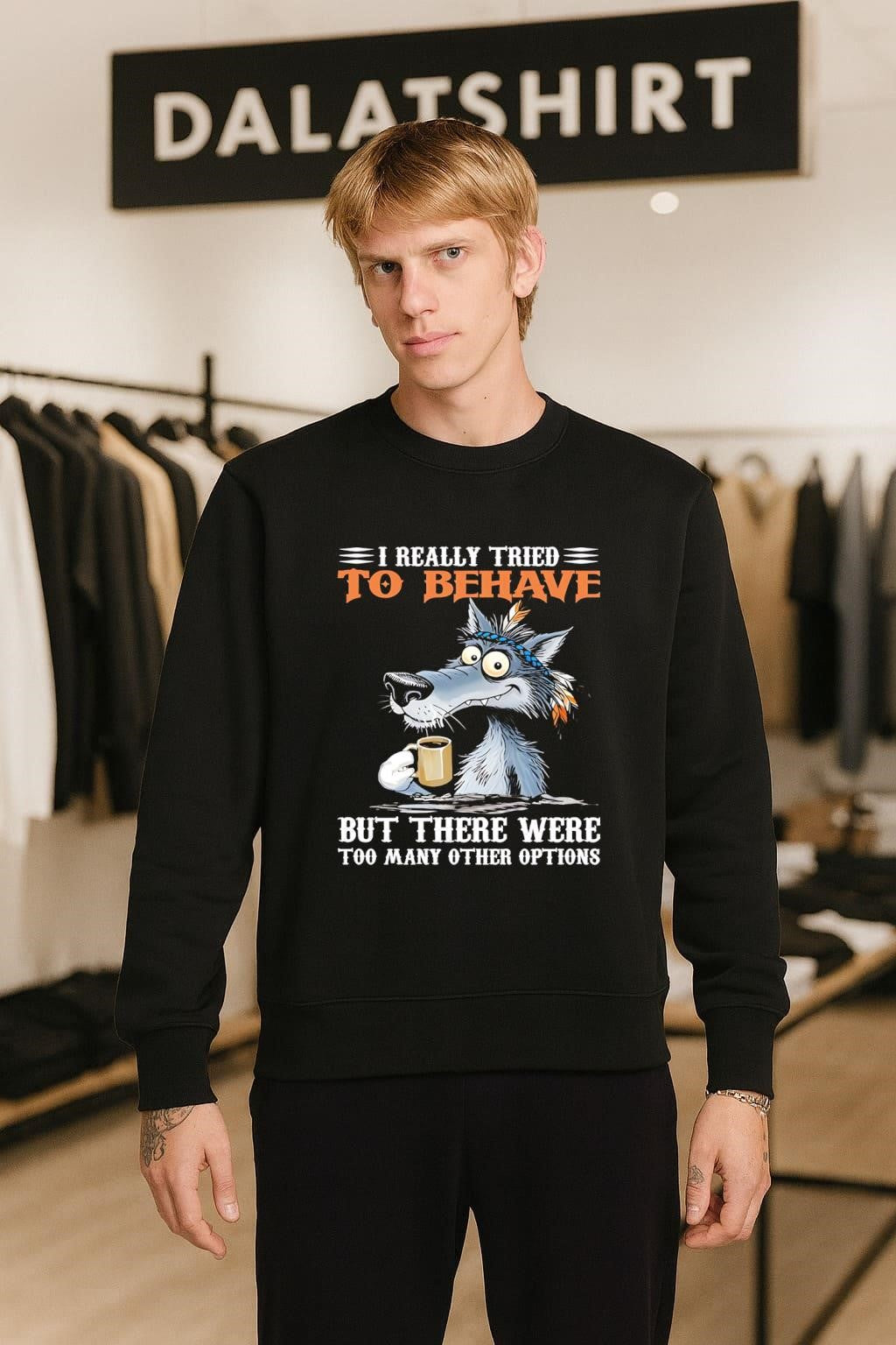 I Really Tried To Be Behave Wolf Drinking Coffee shirt
