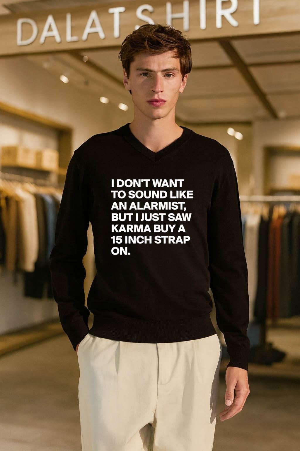 I don’t want to sound like an alarmist but i just saw karma buy a 15 inch strap on shirt