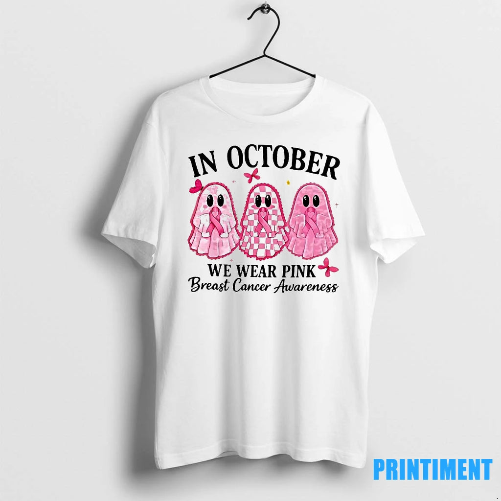 In October We Wear Pink Breast Cancer Awareness Halloween Pink Ghost Retro Breast Cancer Halloween