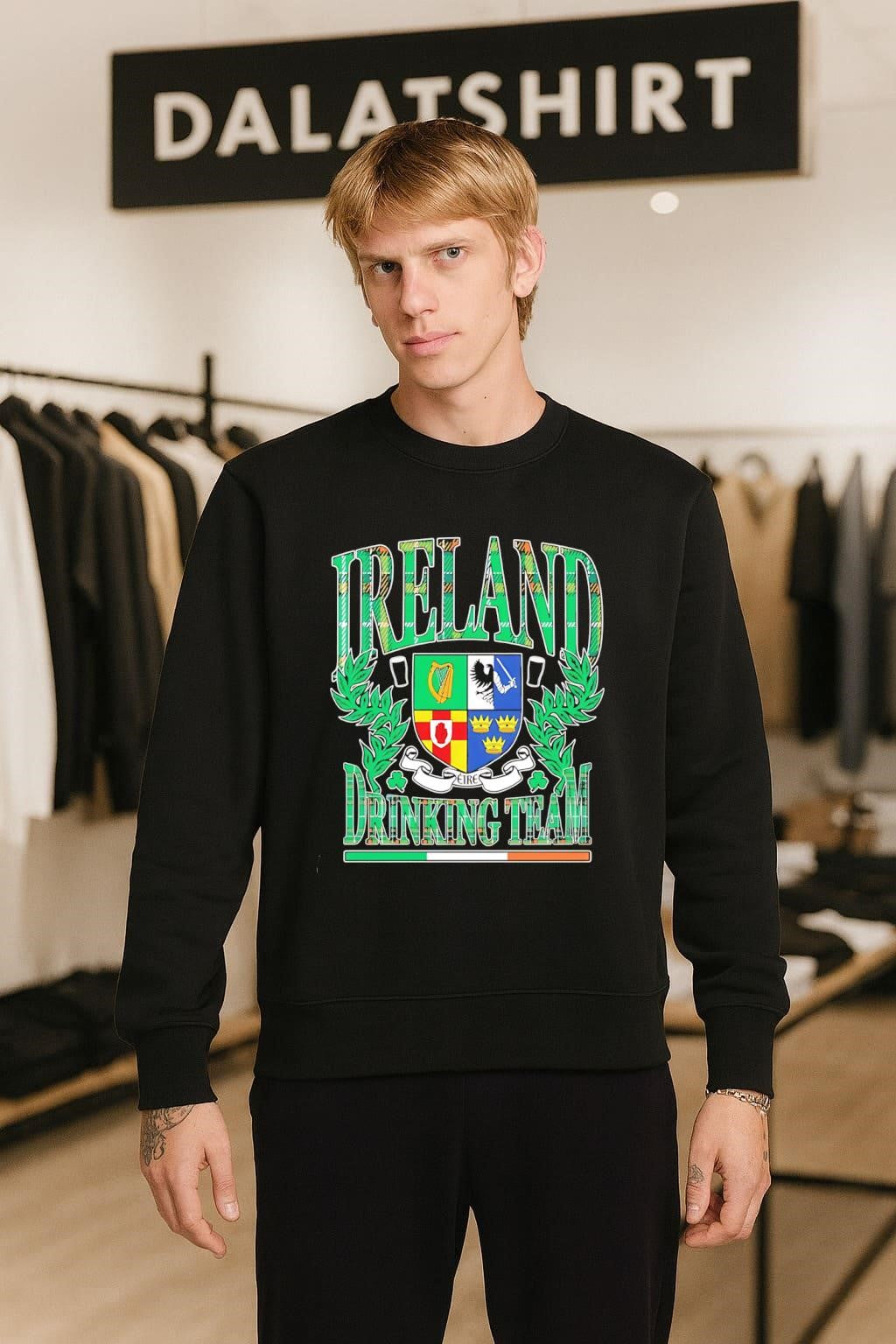 Ireland Drinking Team crest with beer glasses and shamrocks shirt