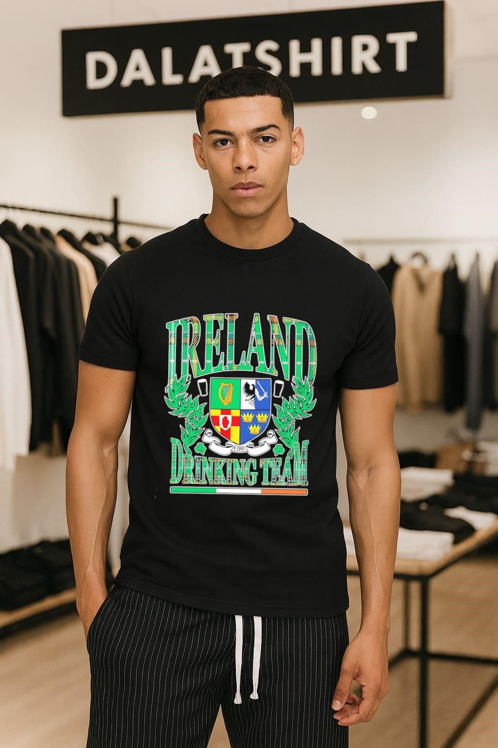 Ireland Drinking Team crest with beer glasses and shamrocks shirt