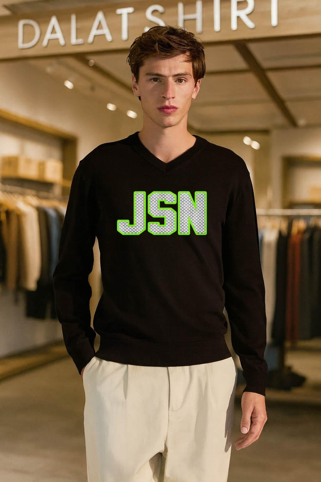 JSN Chain Pattern Textured Letters Neon Green Outline shirt