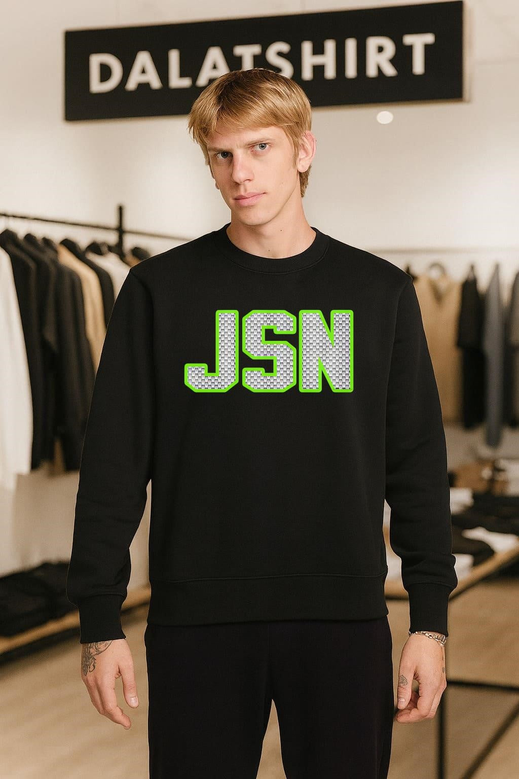 JSN Chain Pattern Textured Letters Neon Green Outline shirt