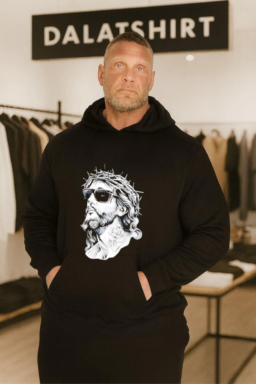 Jesus Christ Wearing Sunglasses with Rose Tattoo Graphic shirt