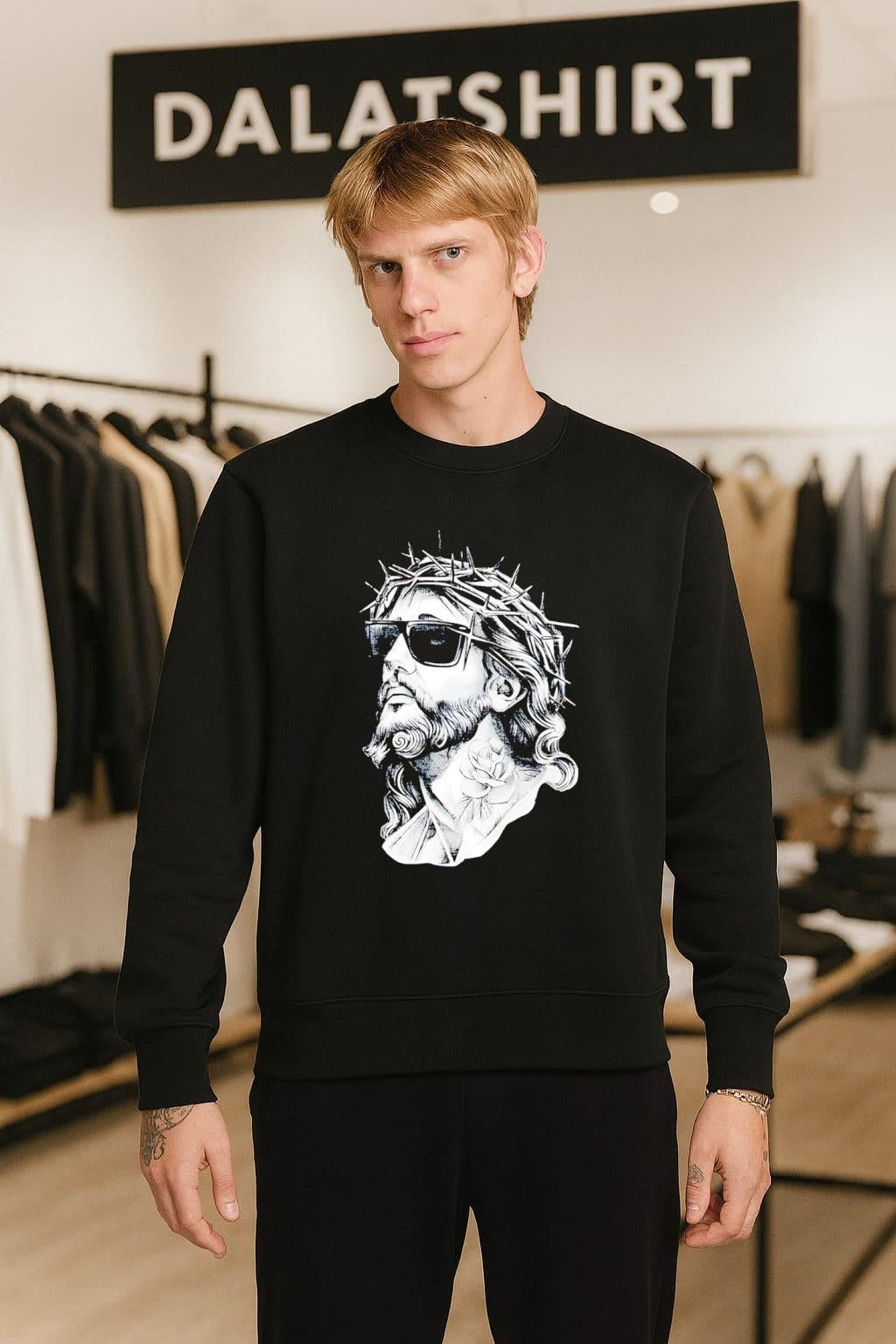 Jesus Christ Wearing Sunglasses with Rose Tattoo Graphic shirt