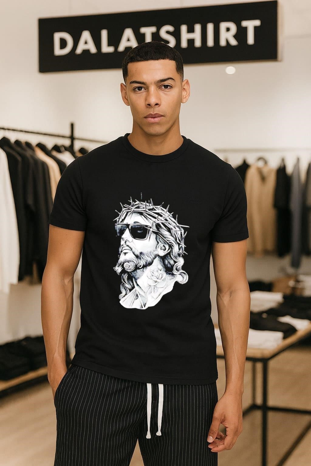Jesus Christ Wearing Sunglasses with Rose Tattoo Graphic shirt