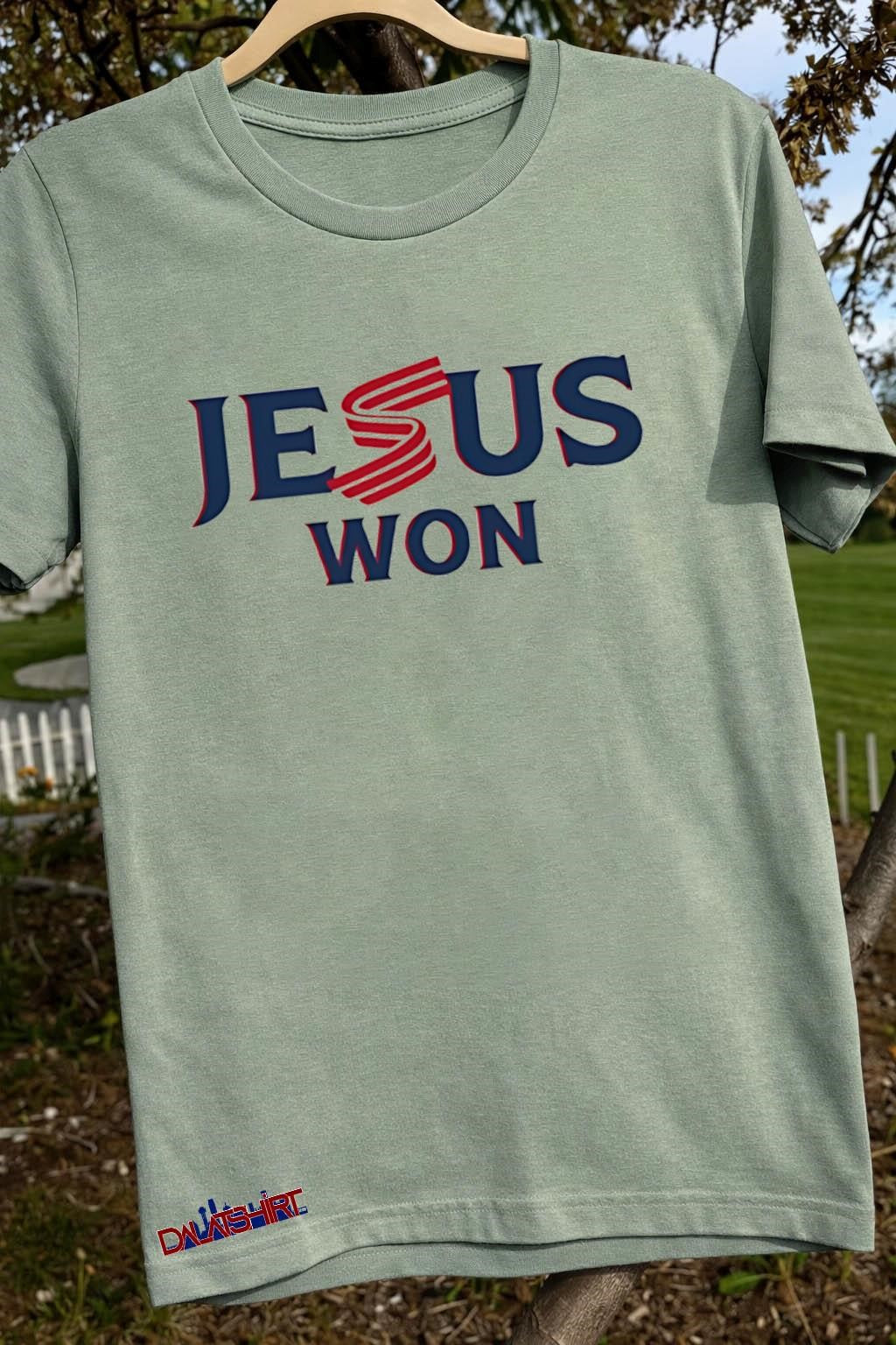 Jesus Won Red White and Blue stripes logo shirt