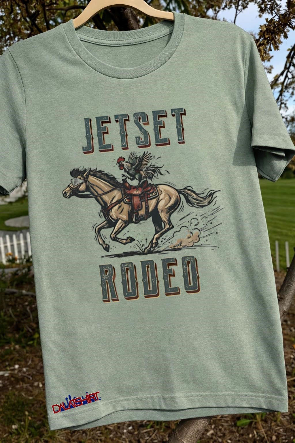 Jetset Rodeo Rooster Riding Galloping Horse with Sunglasses Funny shirt
