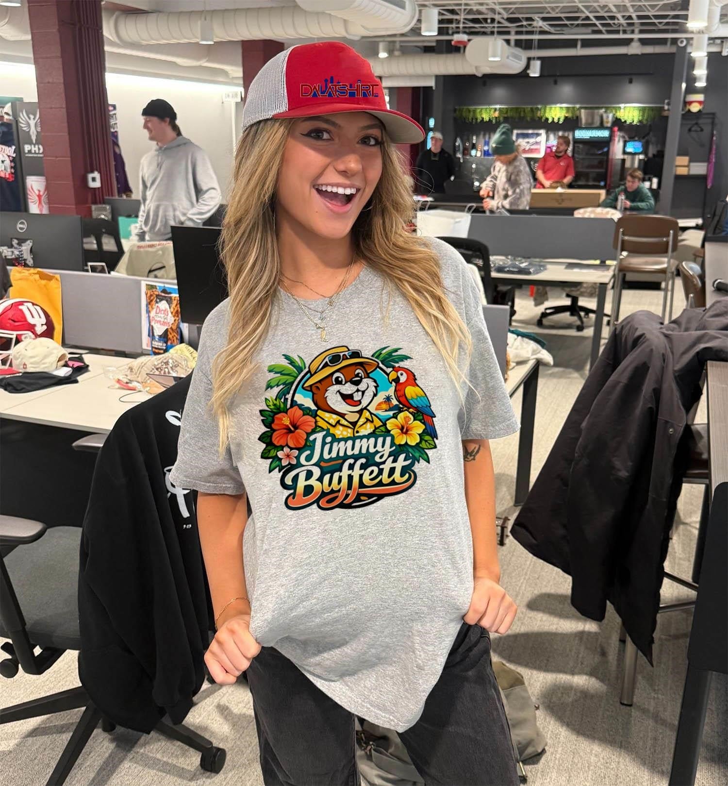 Jimmy Buffett Buc-ee’s Beaver Character Tropical Parrot Flowers Logo shirt