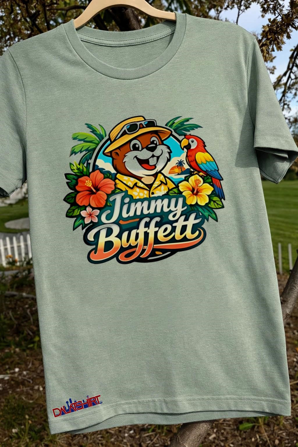 Jimmy Buffett Buc-ee’s Beaver Character Tropical Parrot Flowers Logo shirt