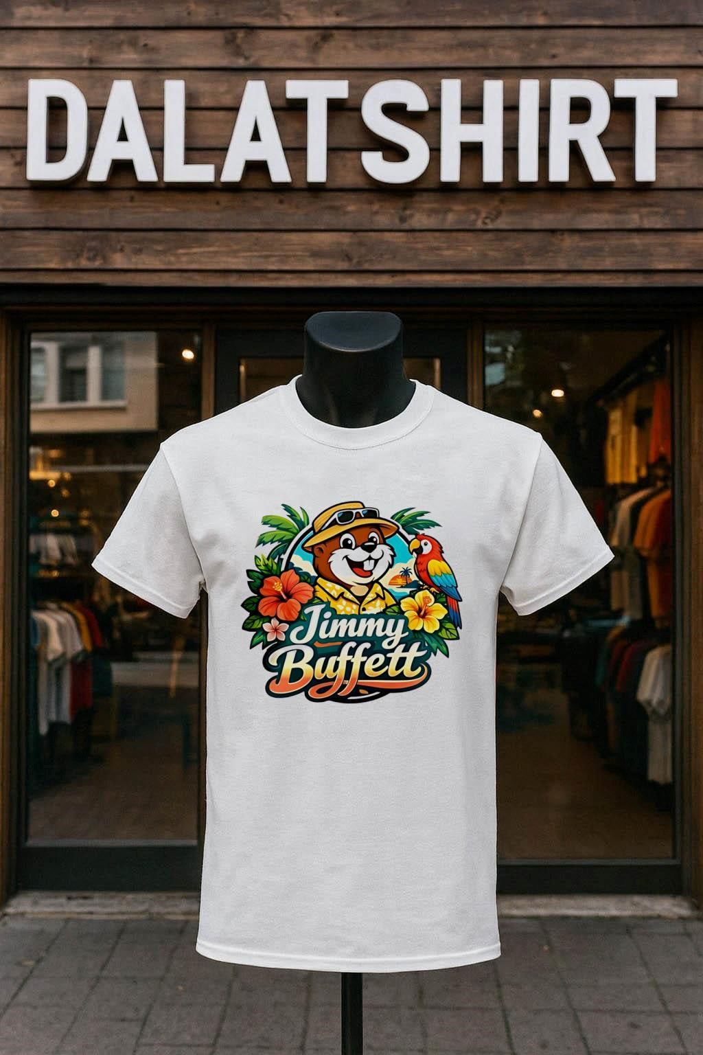 Jimmy Buffett Buc-ee’s Beaver Character Tropical Parrot Flowers Logo shirt
