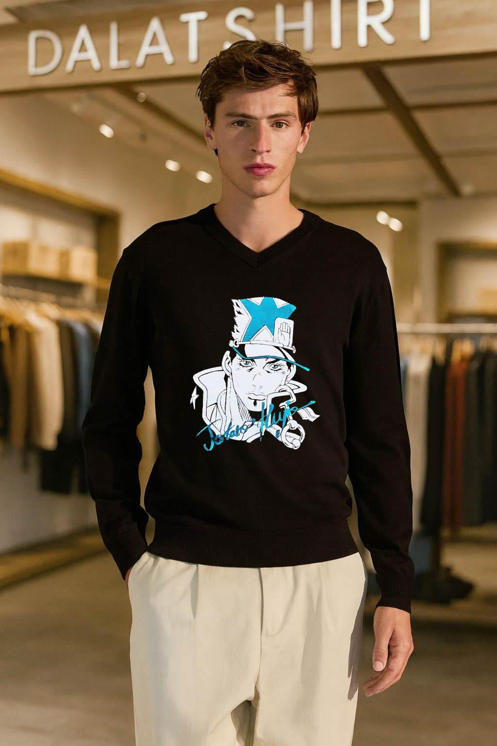 Jotaro Kujo Anime Man Star Hat Teal Glitter Stone Ocean shirt