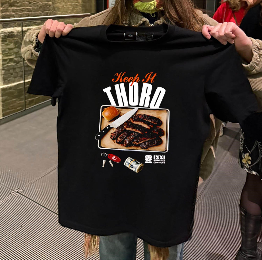 Keep It Thoro barbecue ribs with knife and money shirt