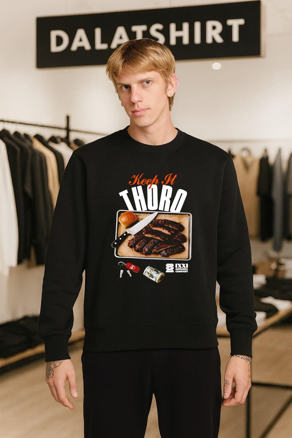 Keep It Thoro barbecue ribs with knife and money shirt