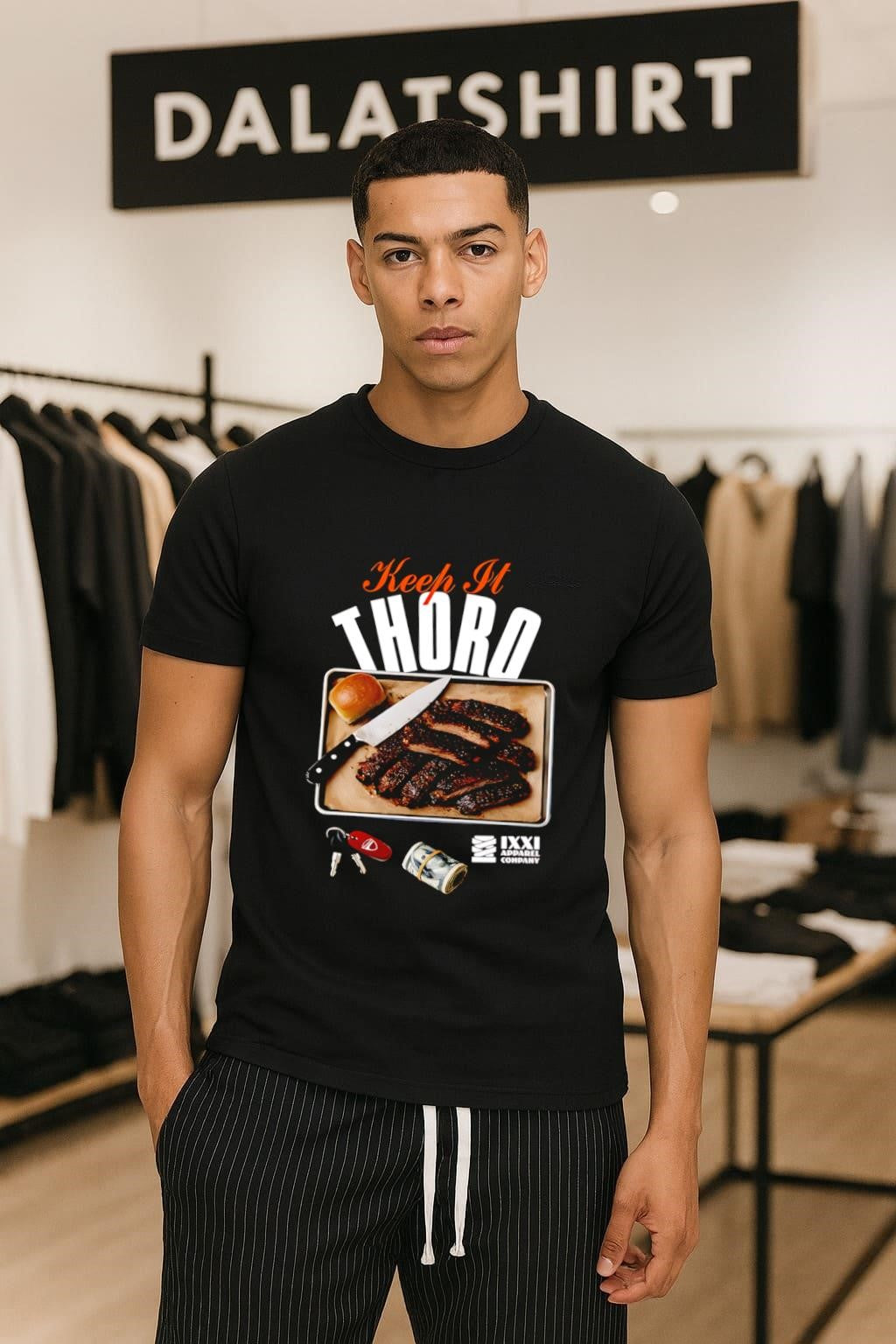 Keep It Thoro barbecue ribs with knife and money shirt
