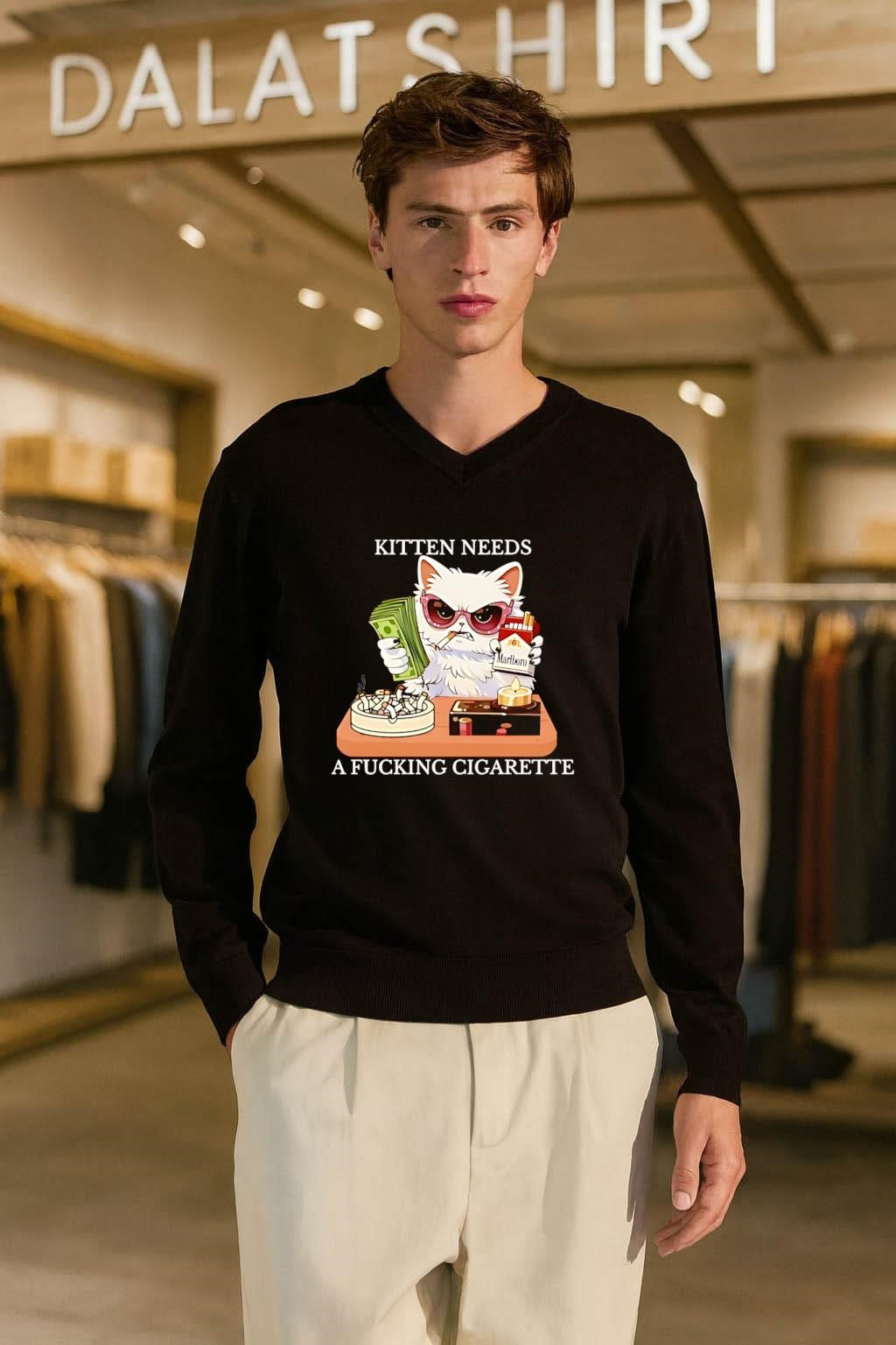 Kitten Needs A Fucking Cigarette Funny Cat Smoking Money Glasses shirt